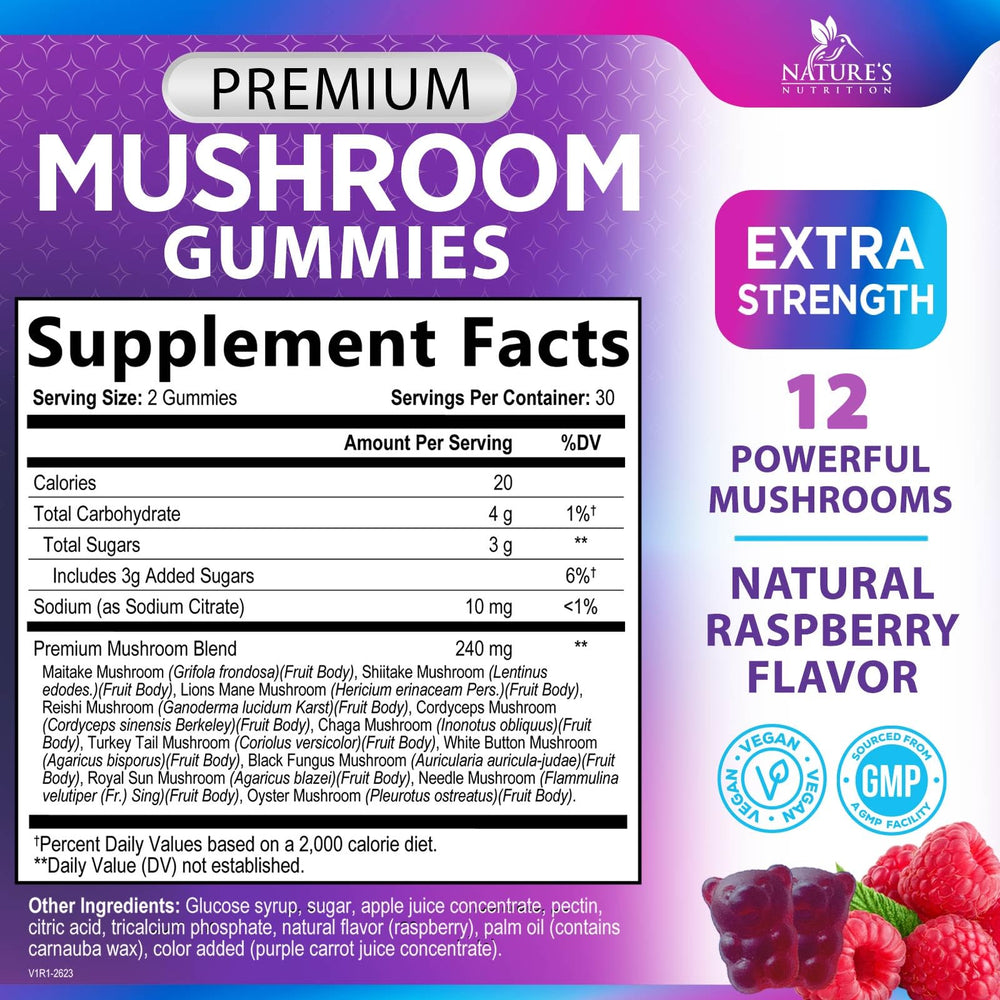 Close-up of 12-mushroom complex ingredients including Lion's Mane, Reishi, Cordyceps