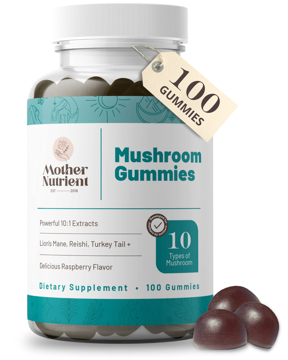Mushroom supplement gummies bottle with multi-mushroom blend label