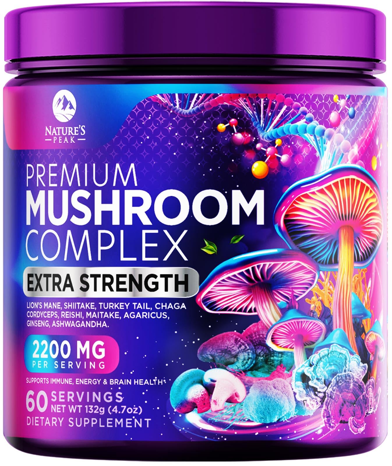 Mushroom supplement powder container with scoop labeled 2200mg