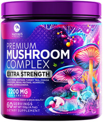 Mushroom supplement powder container with scoop labeled 2200mg