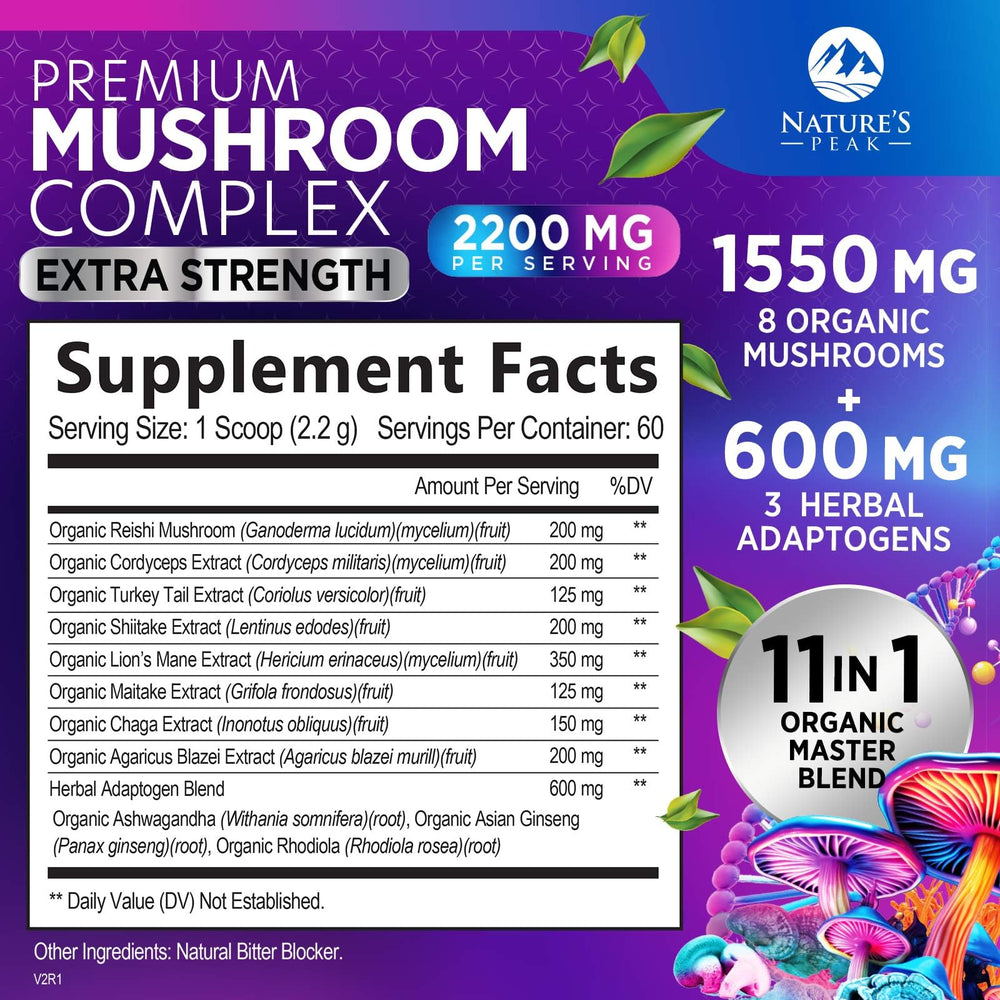 Close-up of 11-in-1 mushroom complex blend ingredients