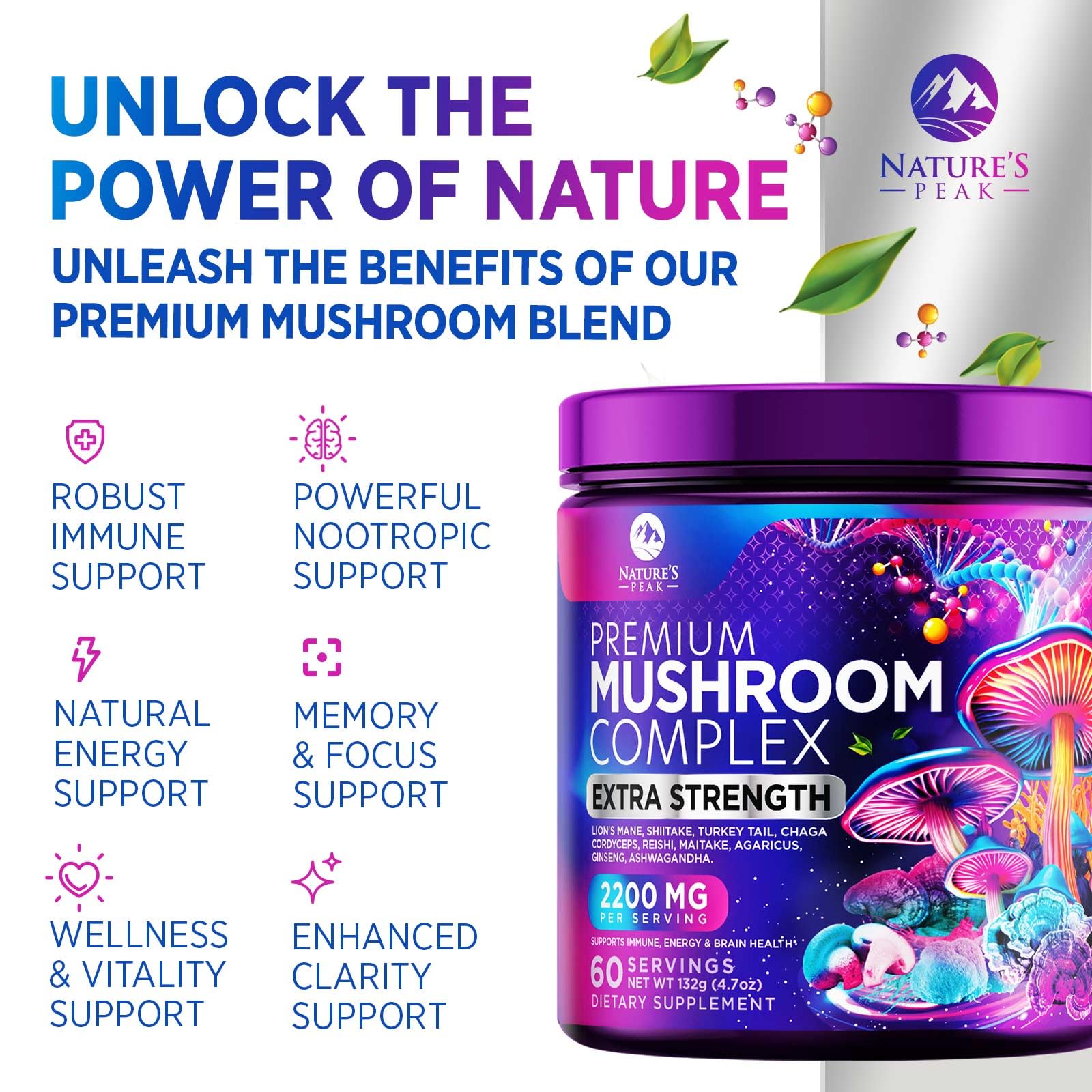 Packaged mushroom powder extract with organic ingredients