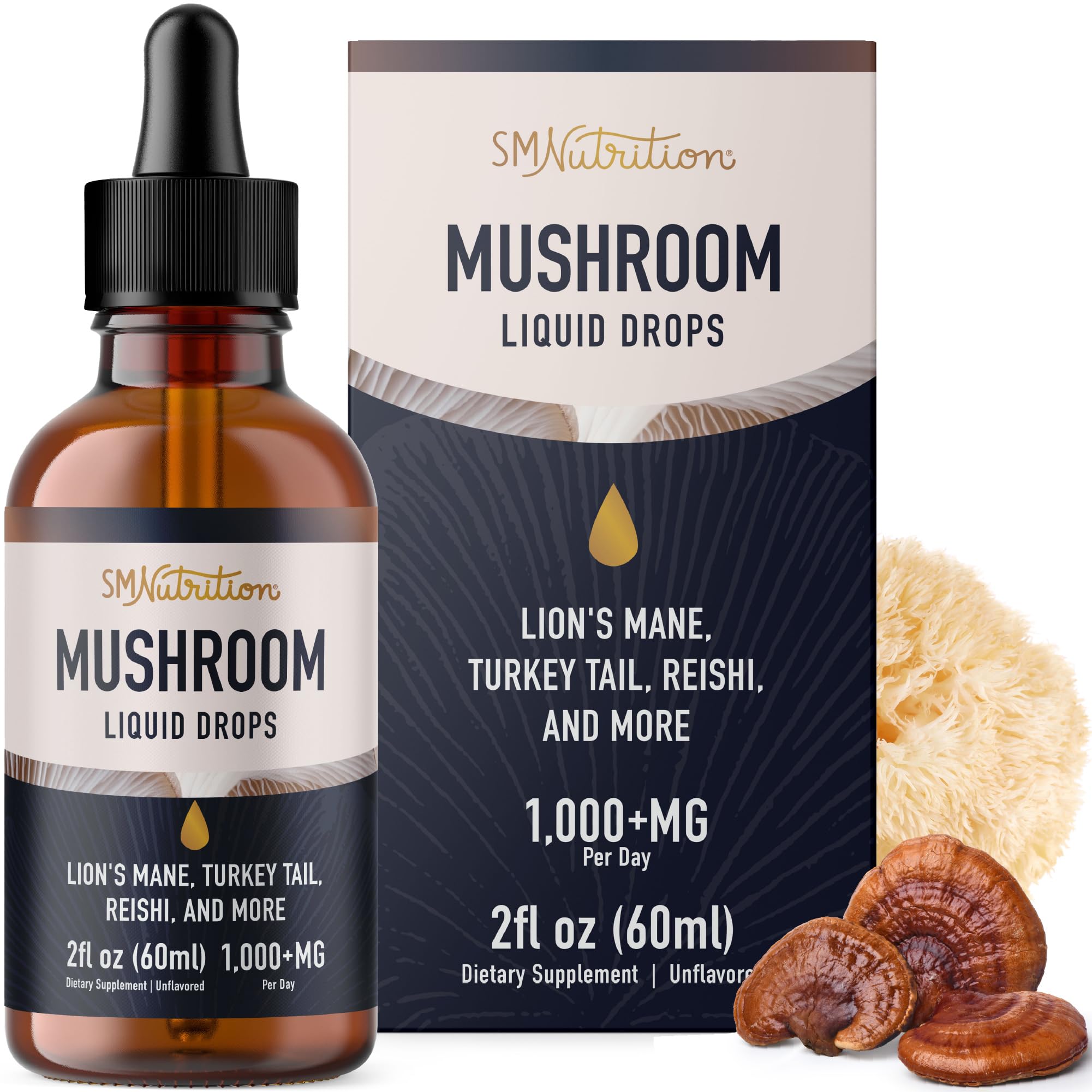 Bottle of Mushrooms Liquid Drops Complex with Lions Mane and Turkey Tail