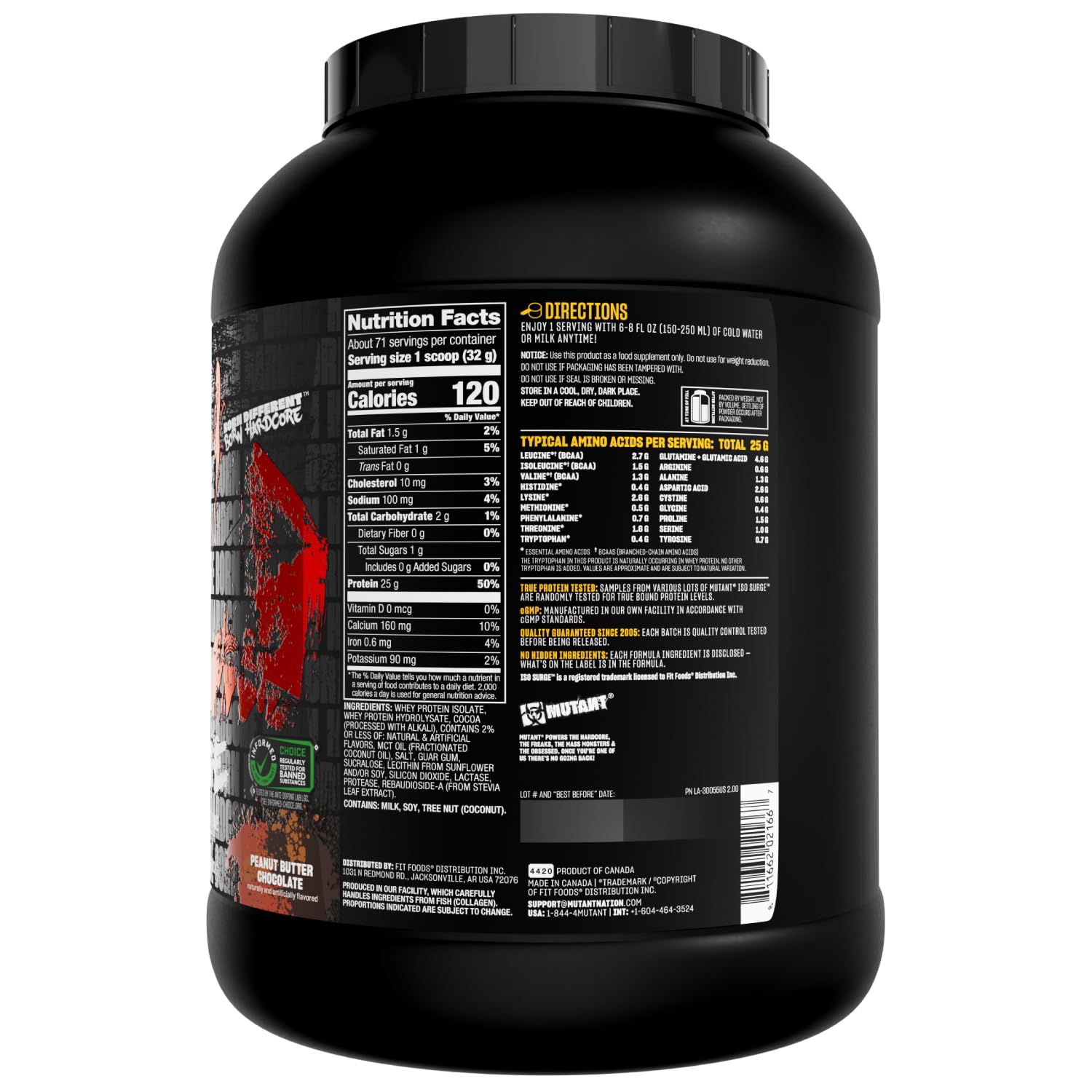 Mutant ISO Surge 5 lb tub on gym bench, bulk mindset.