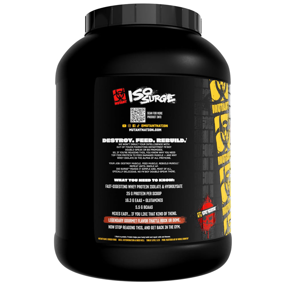 Mutant ISO Surge 5 lb tub on gym bench, bulk mindset.