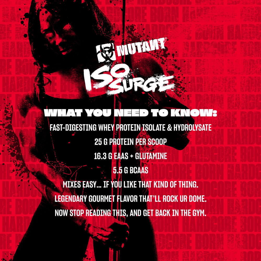 Mutant ISO Surge canister side view highlighting premium protein quality.