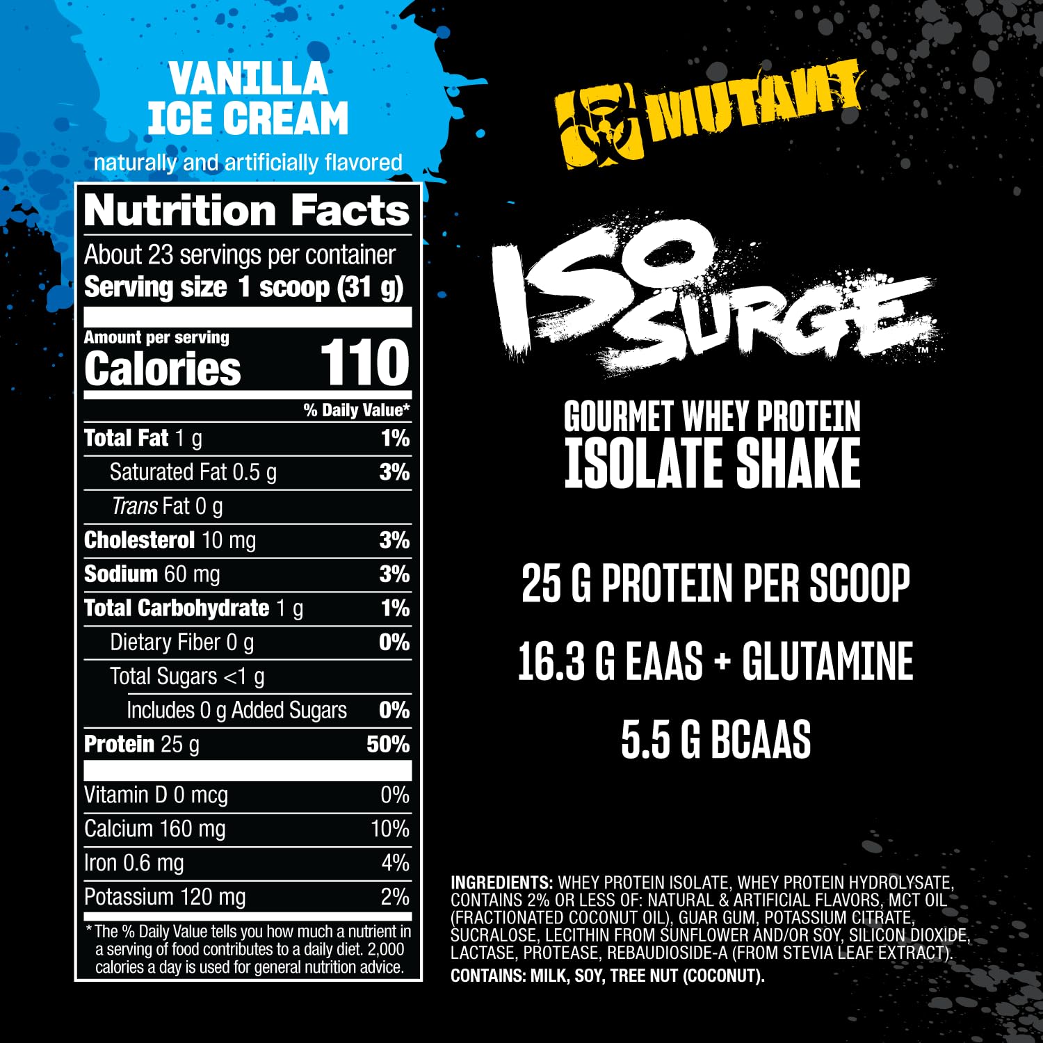 Mutant ISO Surge scoop shows 25g protein per serving for muscle support.