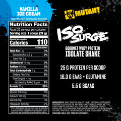 Mutant ISO Surge scoop shows 25g protein per serving for muscle support.