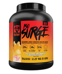 Mutant ISO Surge tub front highlighting premium whey for fast recovery after workouts.