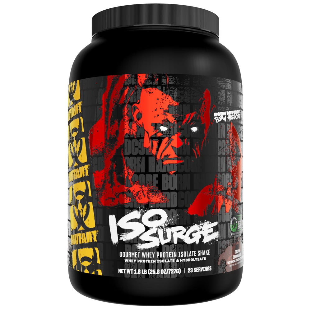 Mutant ISO Surge triple-chocolate whey tub offering post-workout recovery with 25g protein per serving