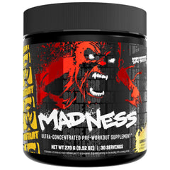 Mutant Madness canister front view emphasizes lemonade flavor and energy-boosting formula