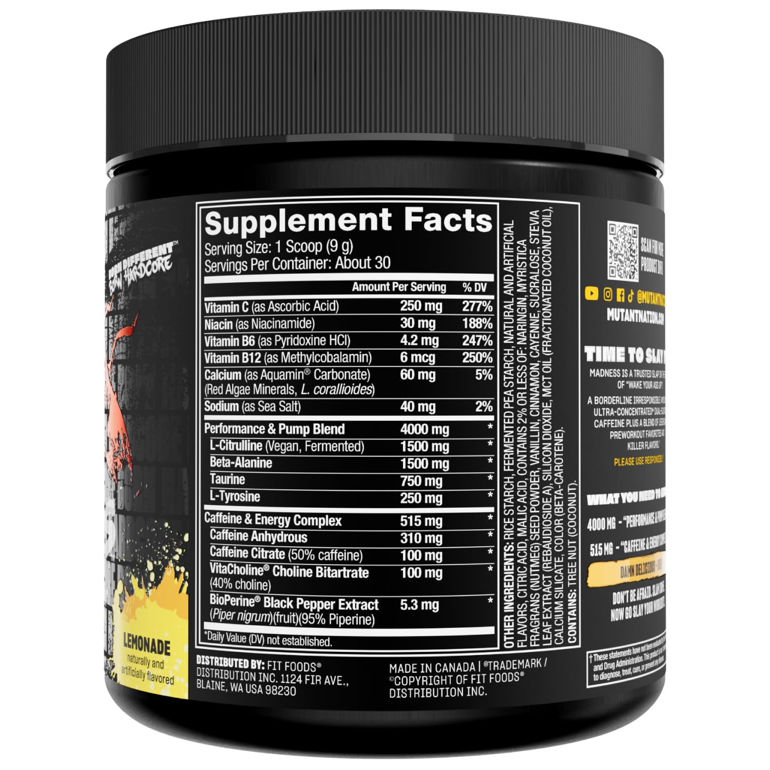 Mutant Madness canister beside a water bottle signals hydration-friendly pre workout fuel
