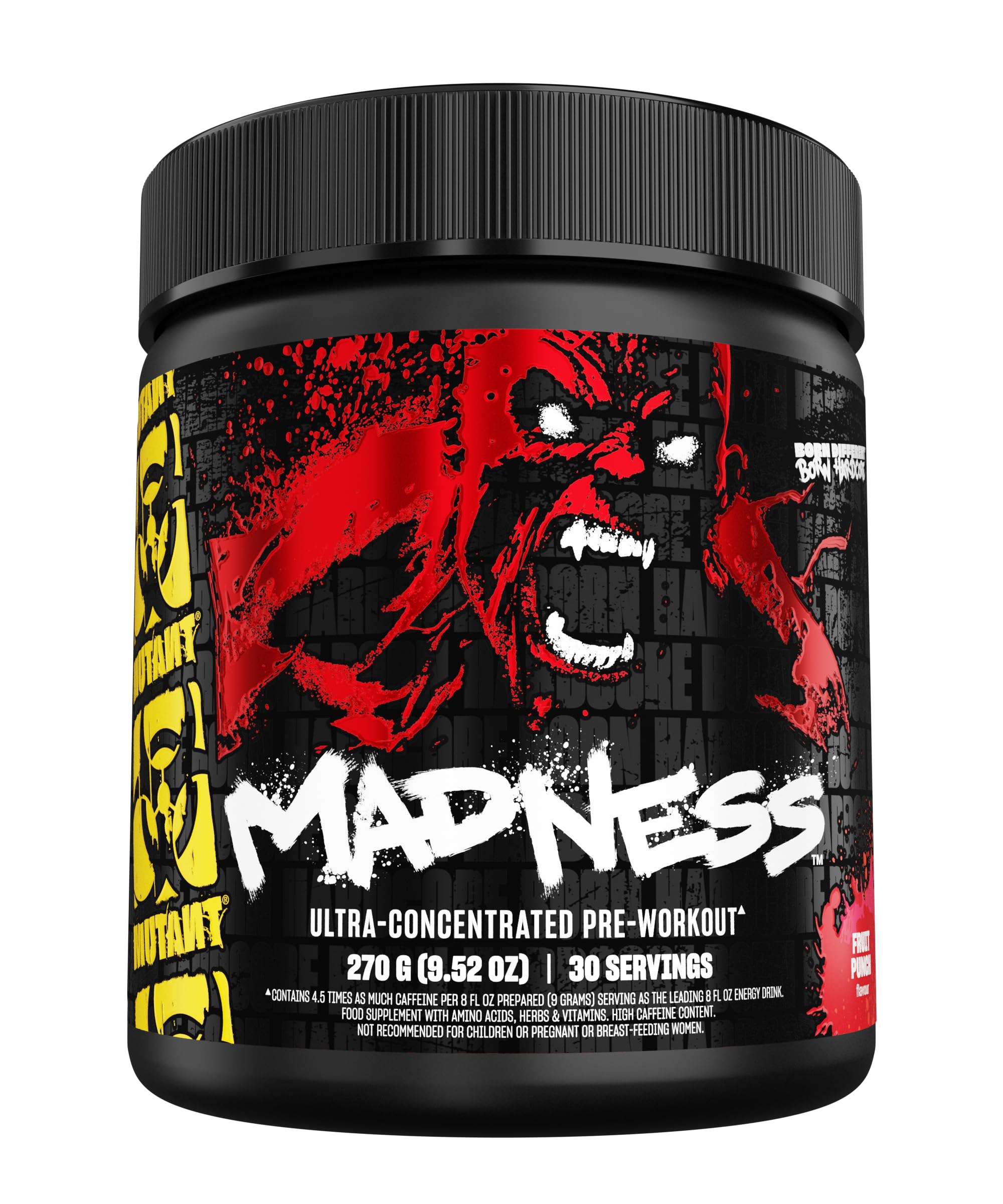 Mutant Madness tub front view highlighting pre-workout energy and flavor
