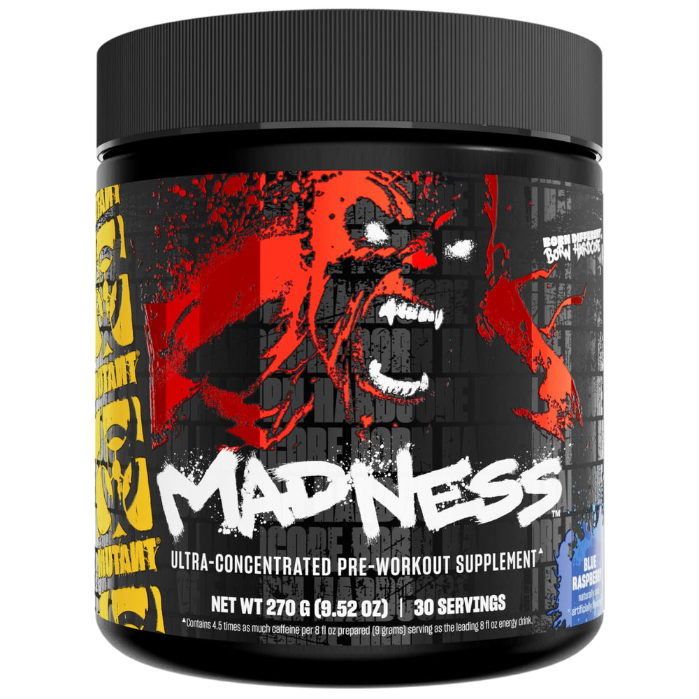 Mutant Madness tub front highlighting blue raspberry pre-workout energy.