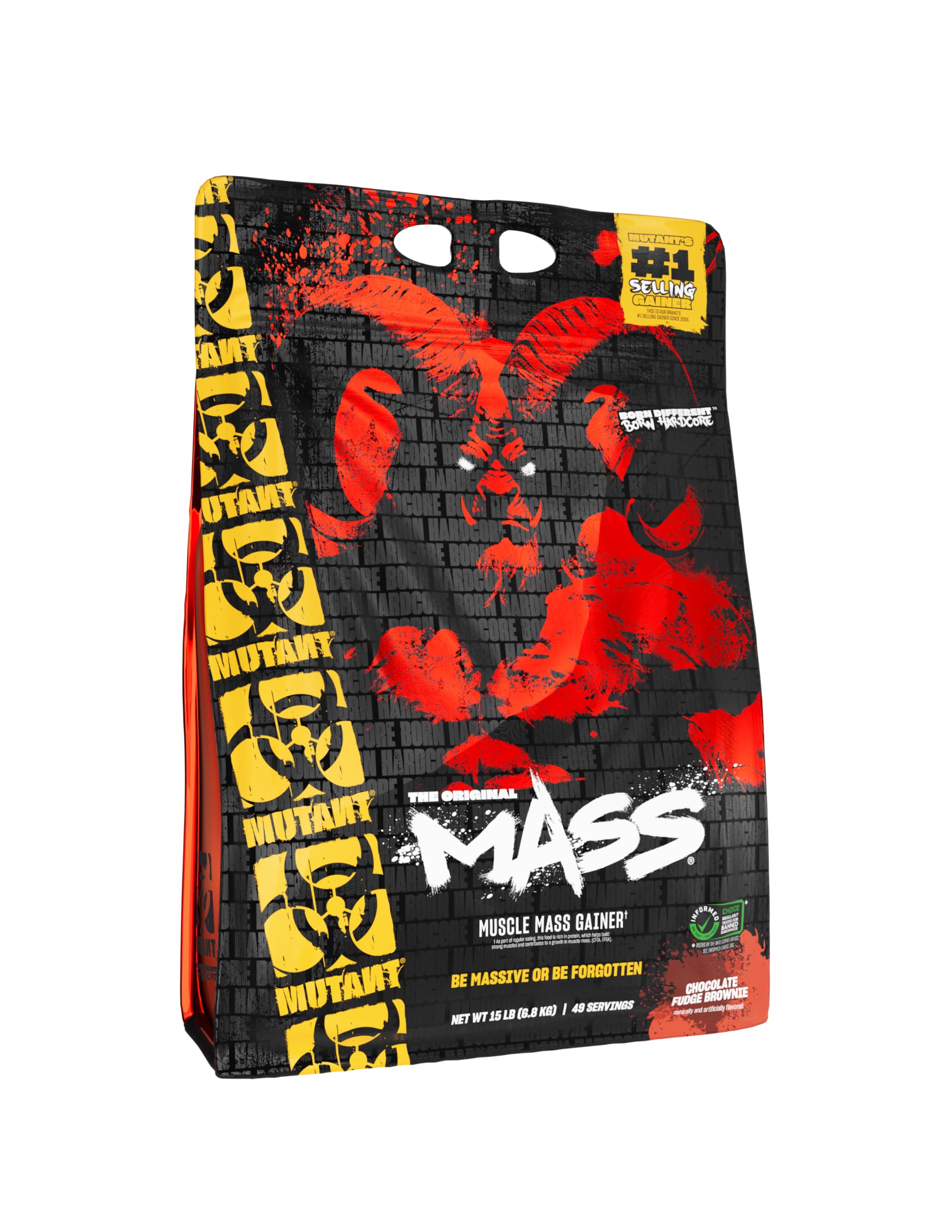 Mutant Mass bottle-label viewed up close for bulk-building nutrition.