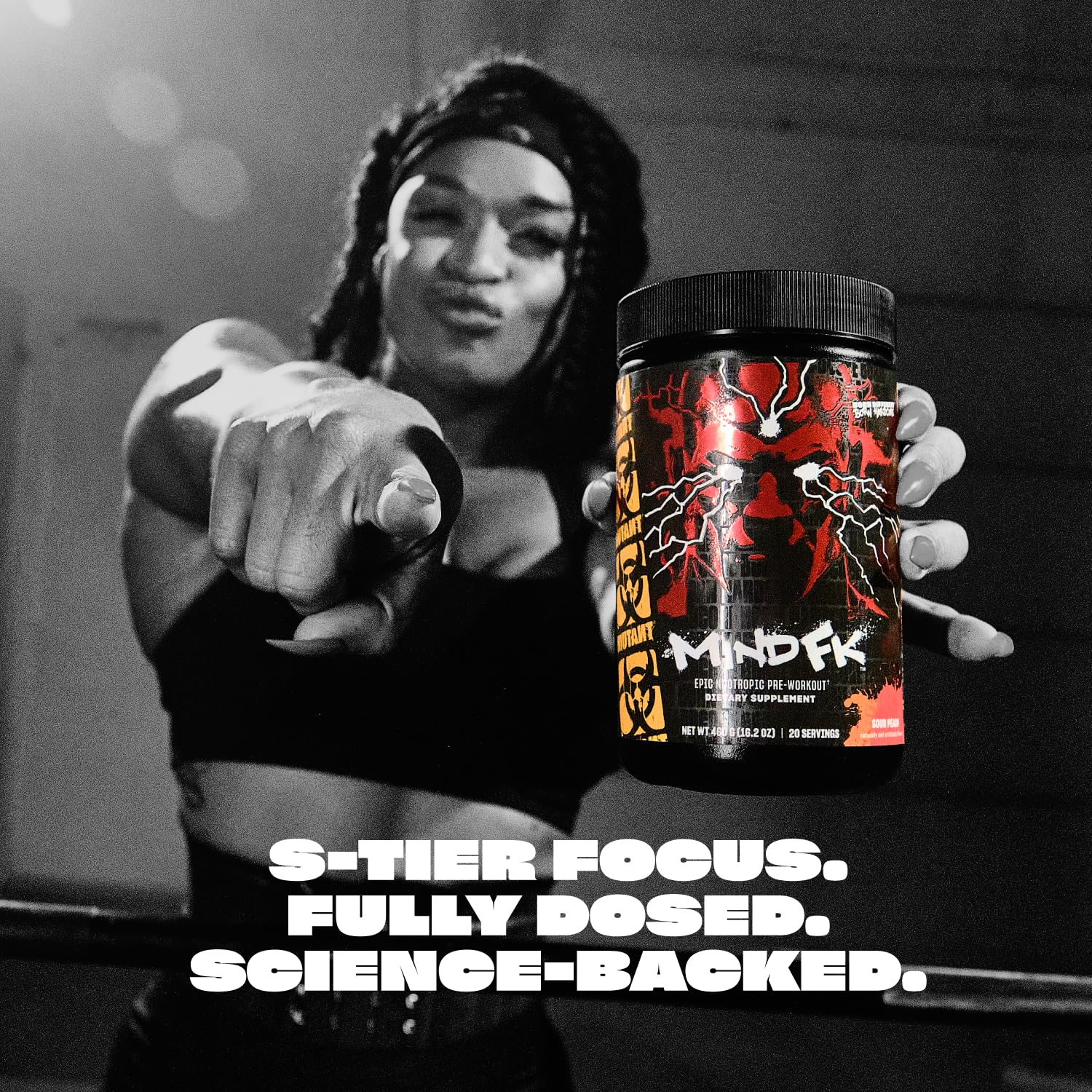 Mutant Mind FK tub side label highlighting 200 mg caffeine blend