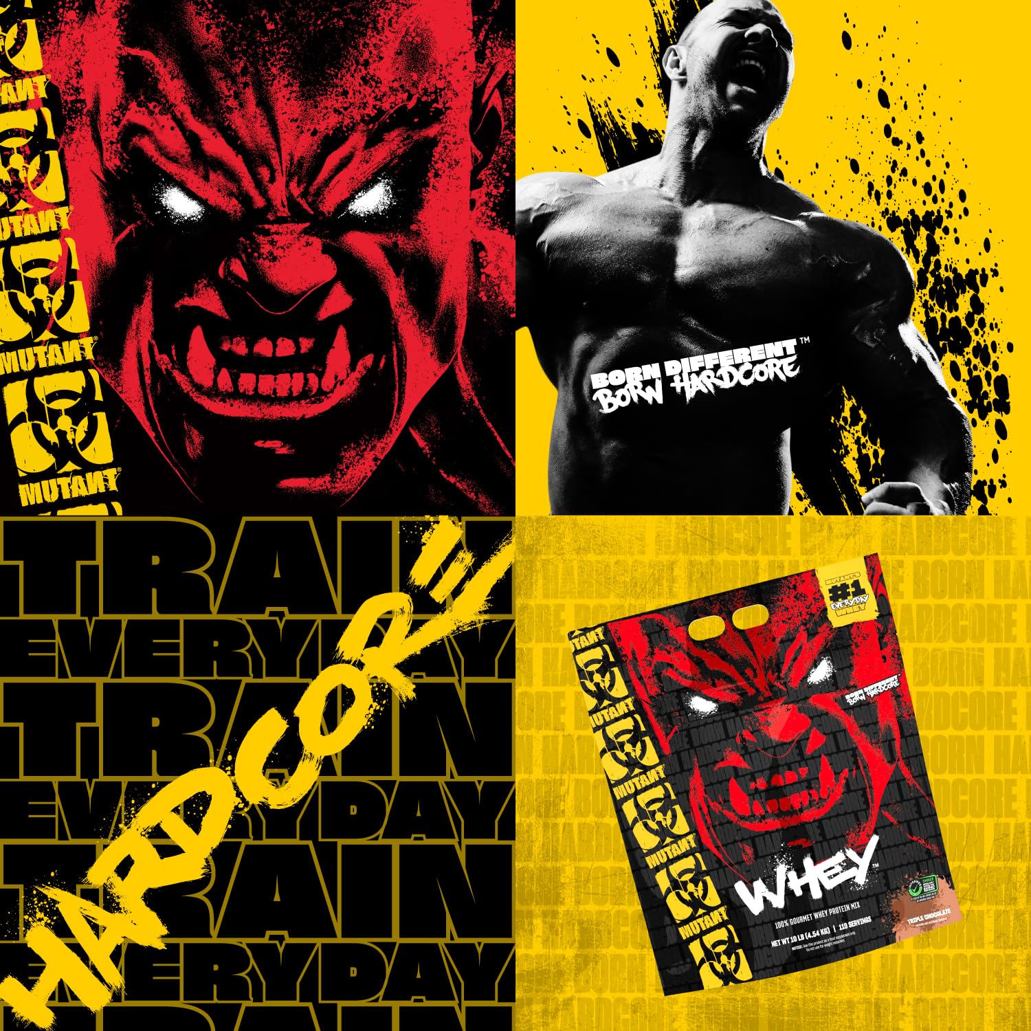 Mutant Whey logo close-up on tub – triple chocolate