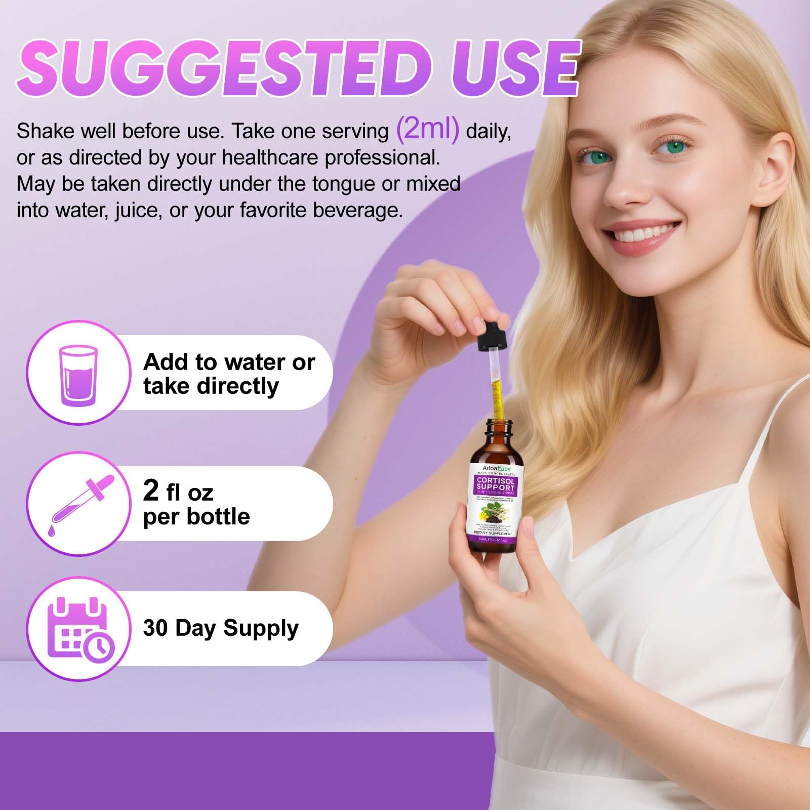 Calm, focused mood depiction after taking cortisol drops