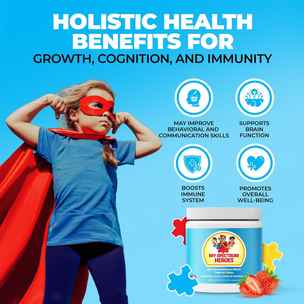 Label highlights Choline and CoQ10 on My Spectrum Heroes Kids Powder Multivitamin