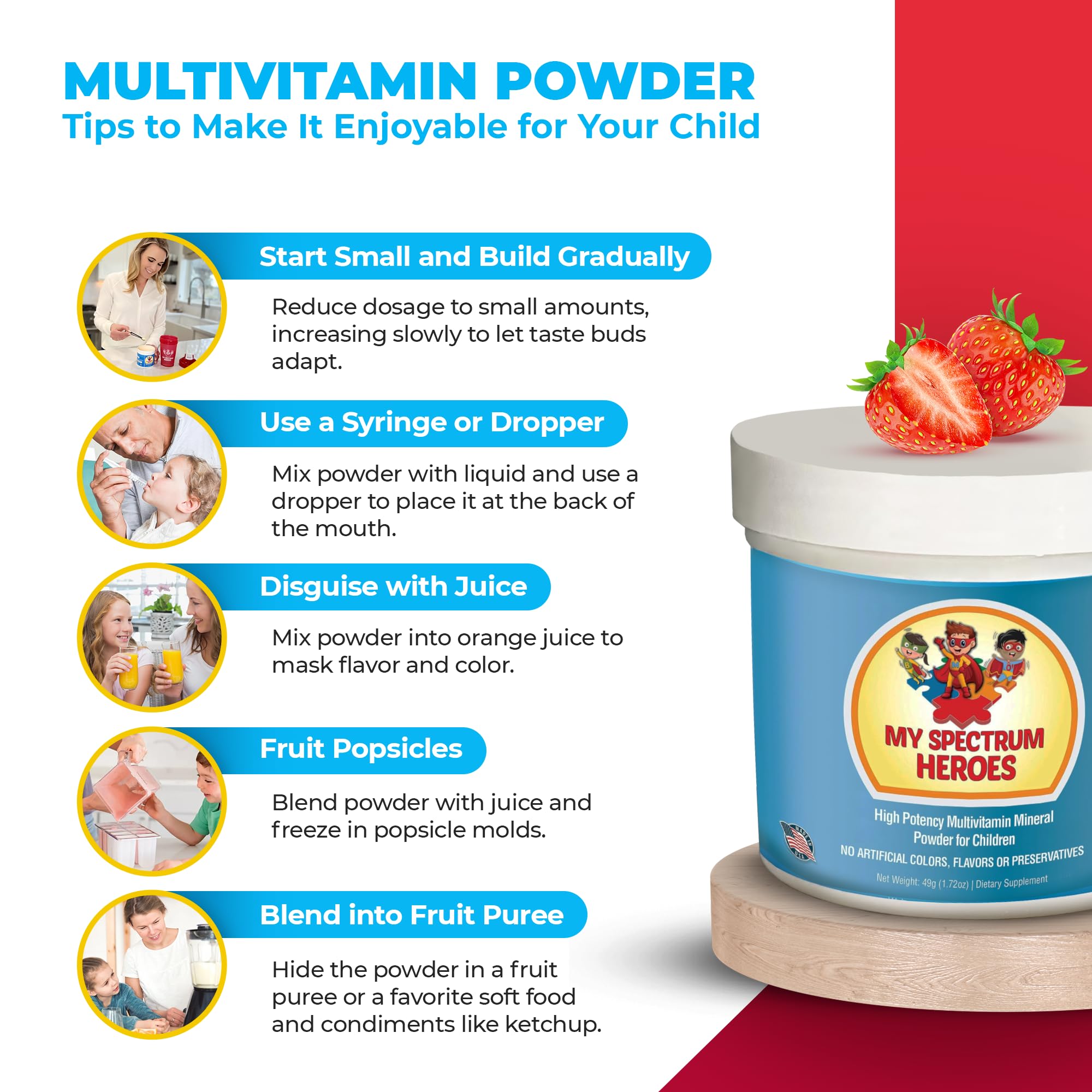 Dairy-free powdered supplement blend in scoop for My Spectrum Heroes