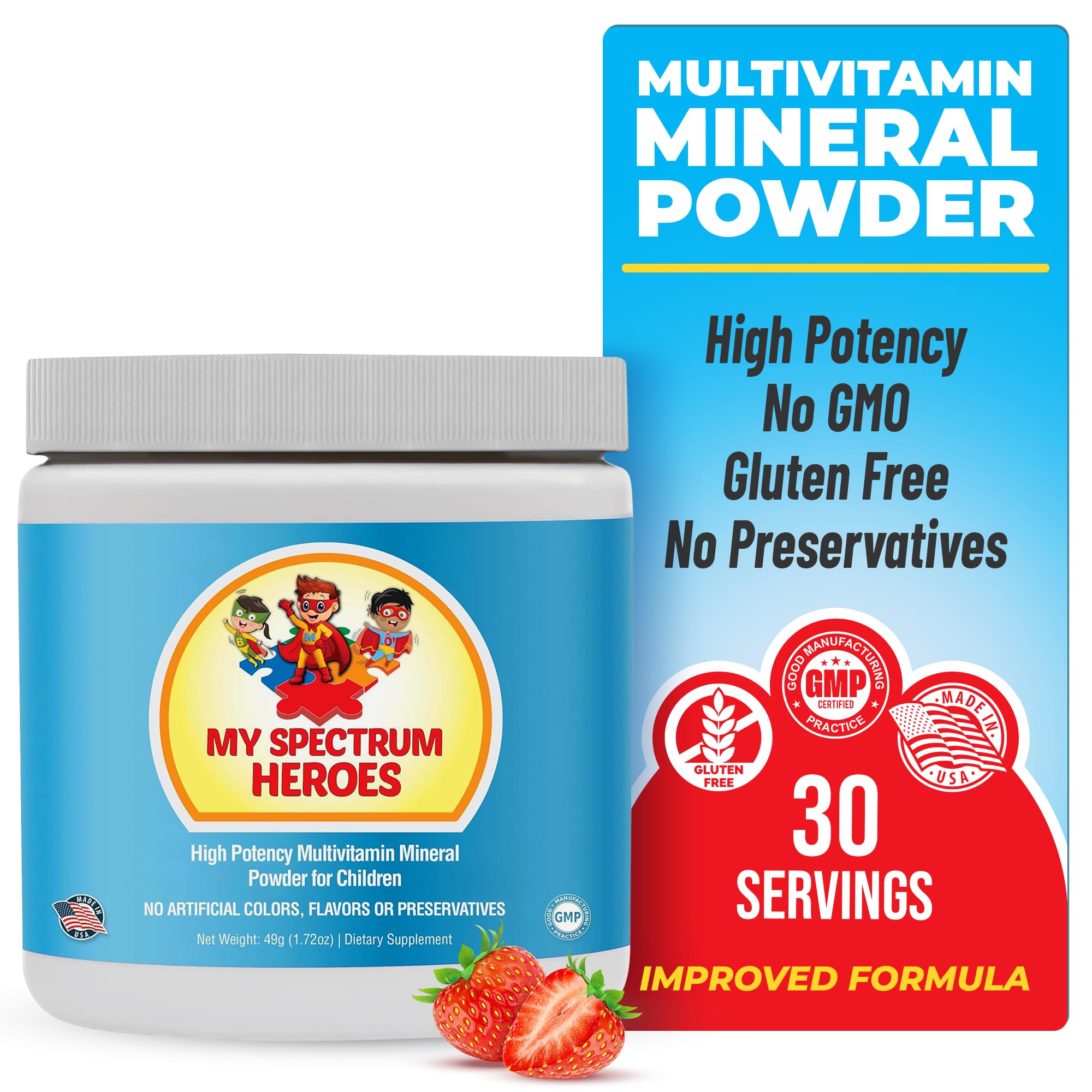 Jar of My Spectrum Heroes Kids Powder Multivitamin in strawberry flavor, 30 servings