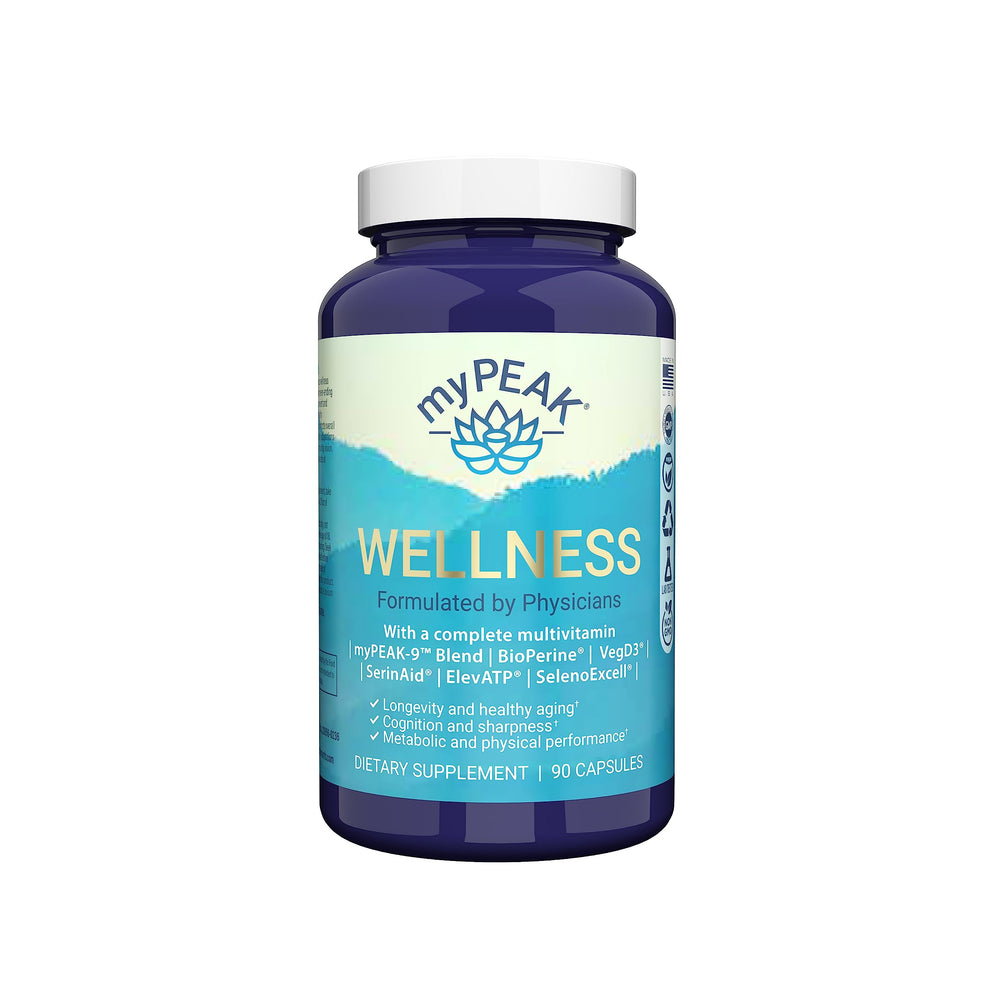 Bottle of myPEAK Wellness Vegan Multivitamin on a white background