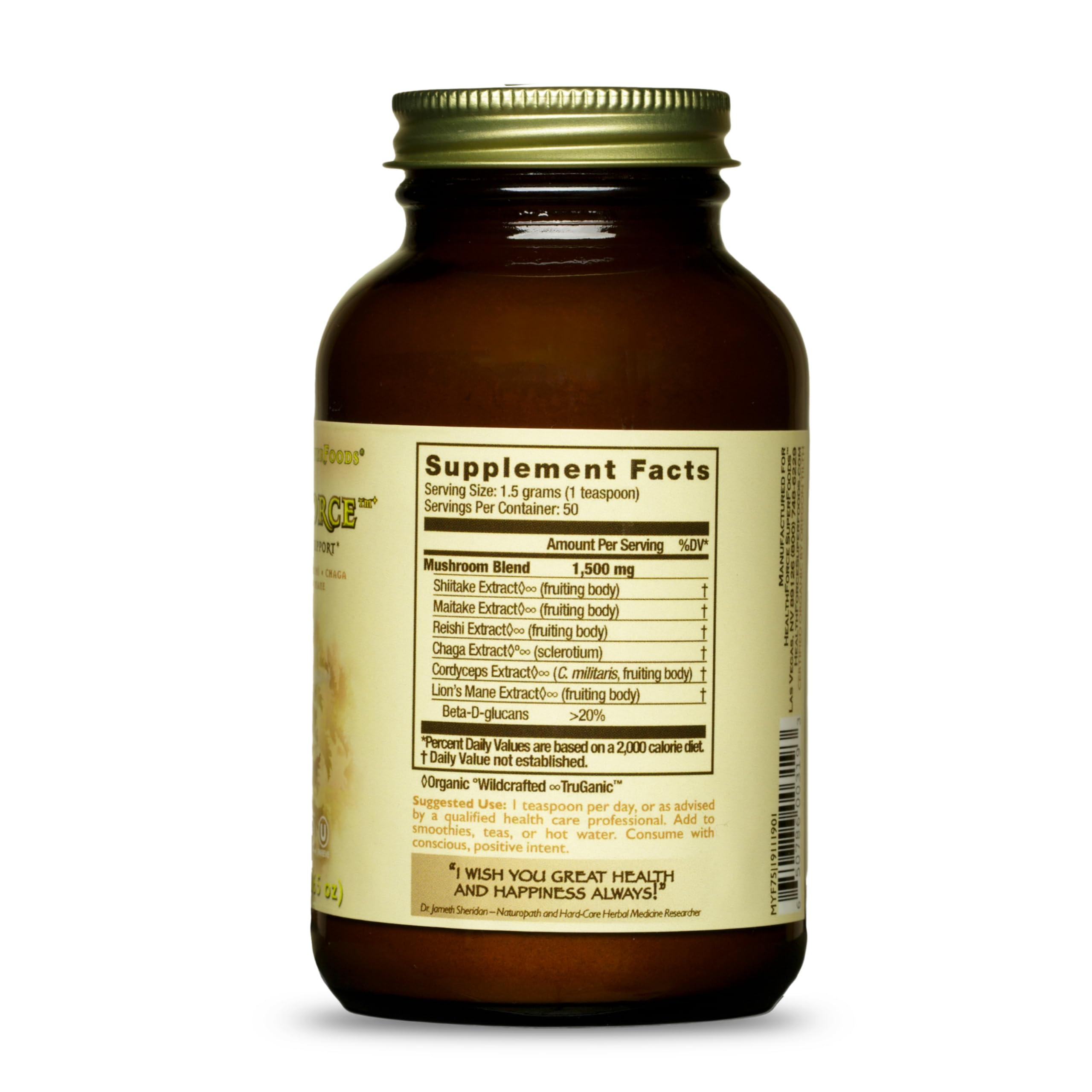 Back label with ingredients and certifications
