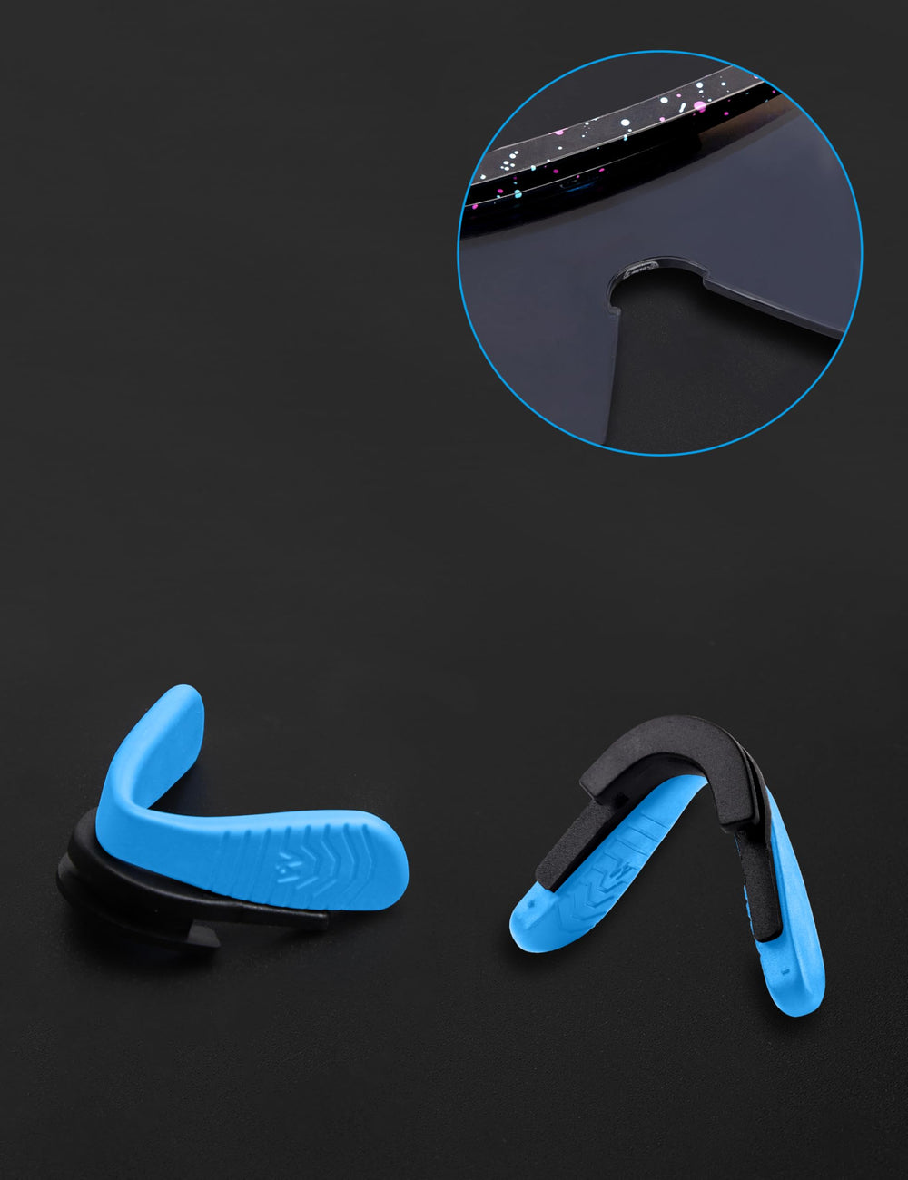 Two sky blue nose pads installed on Pit Viper 2000 frame - side view