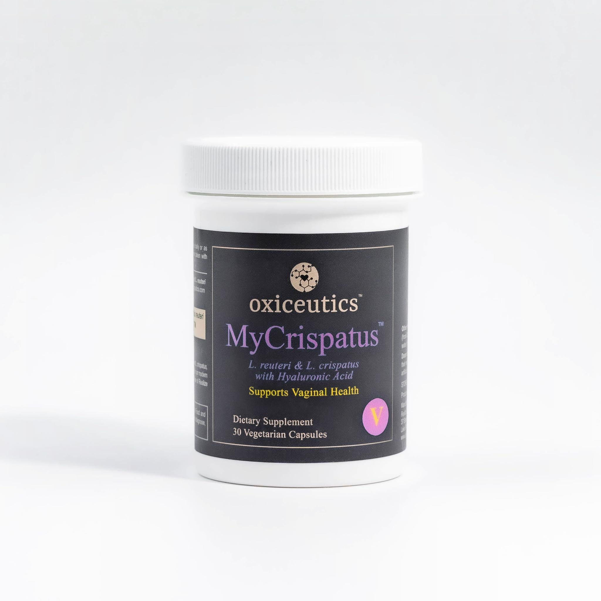 Front view of MyCrispatus Probiotic bottle with label