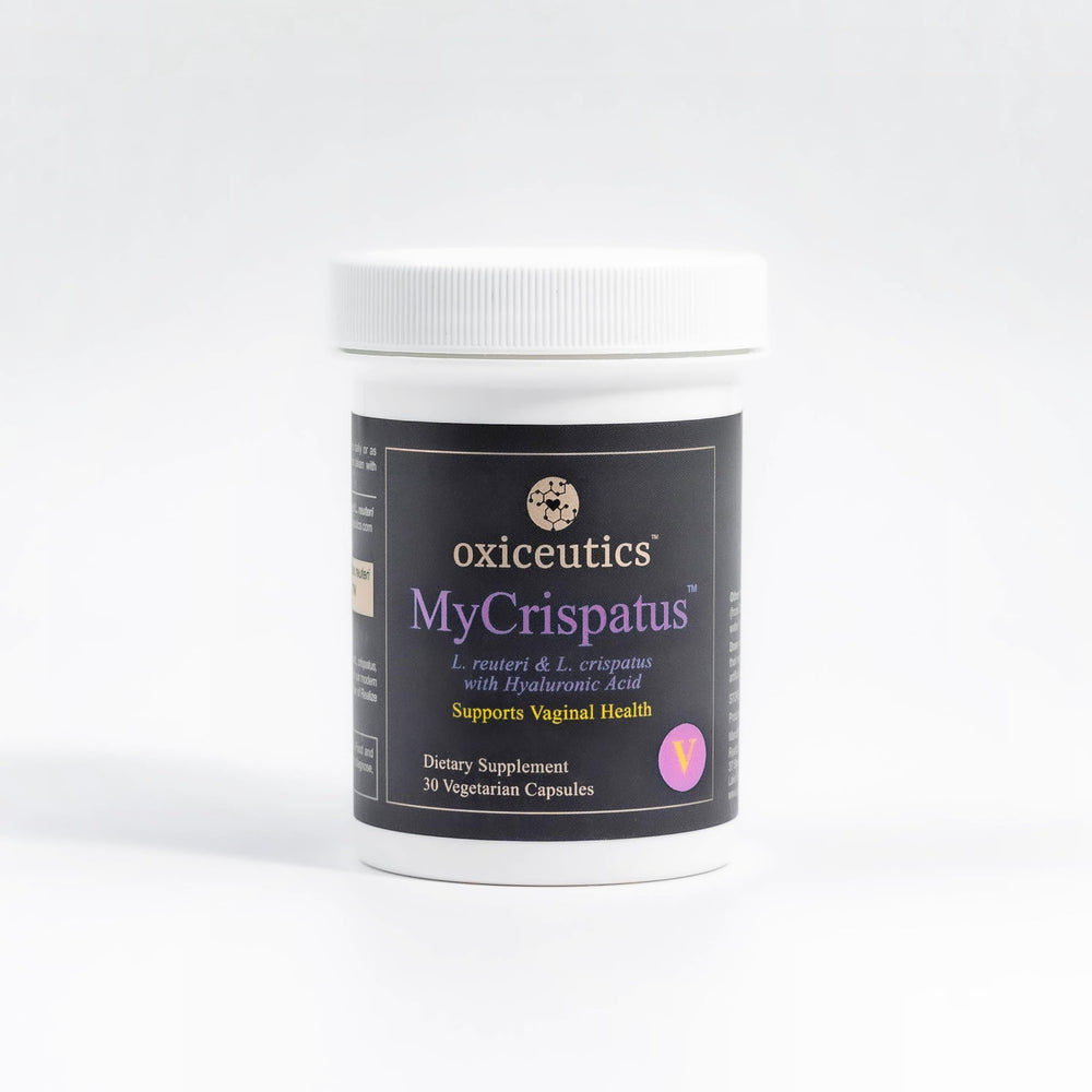 Front view of MyCrispatus Probiotic bottle with label