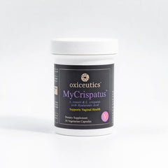Front view of MyCrispatus Probiotic bottle with label
