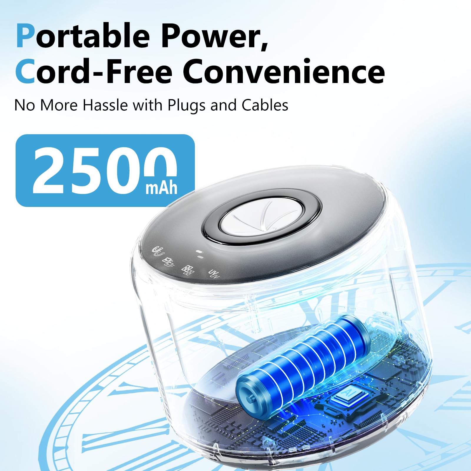 Cordless design and 2500mAh battery indicator