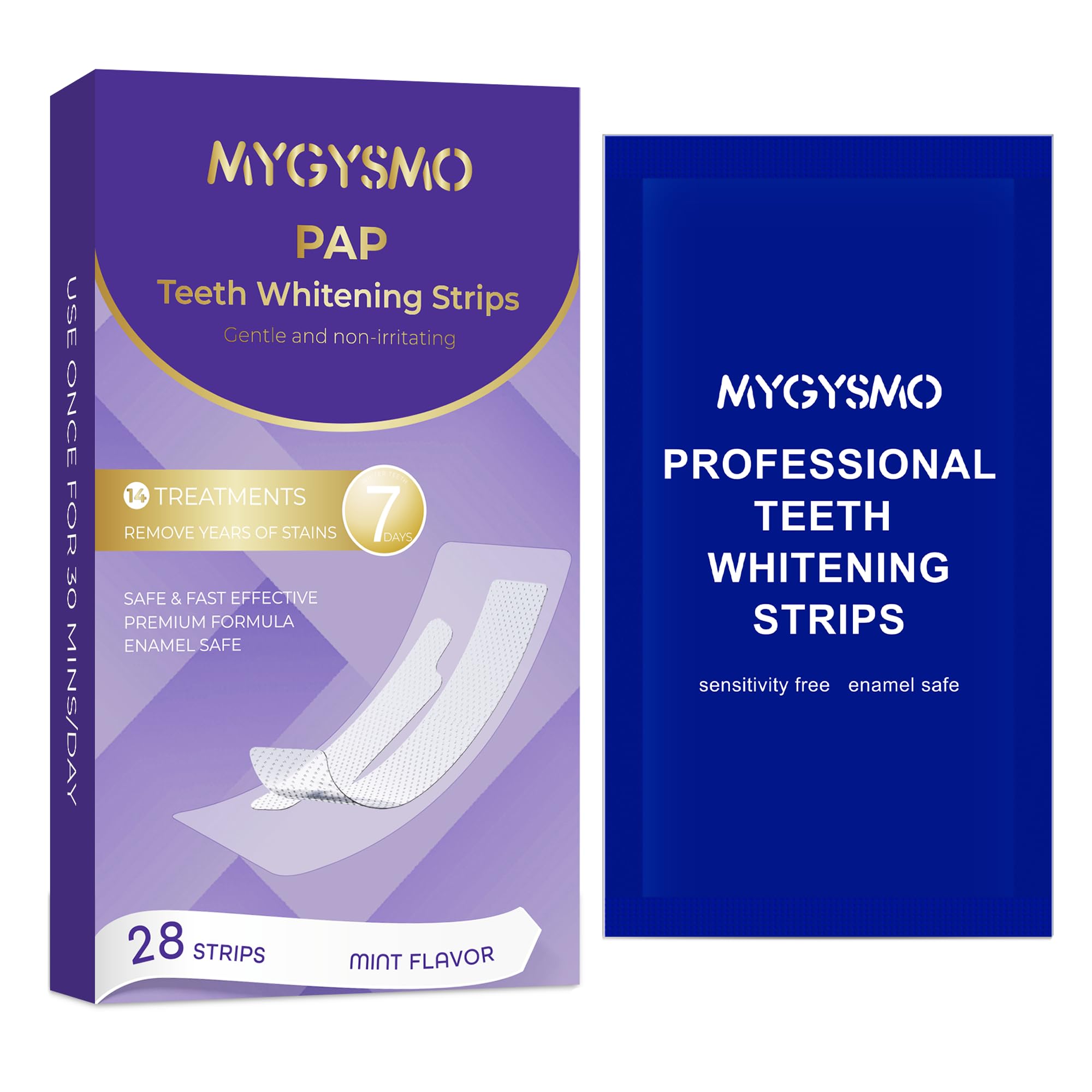 MyGysmo Pap Teeth Whitening Strips box front with 8% PAP formula