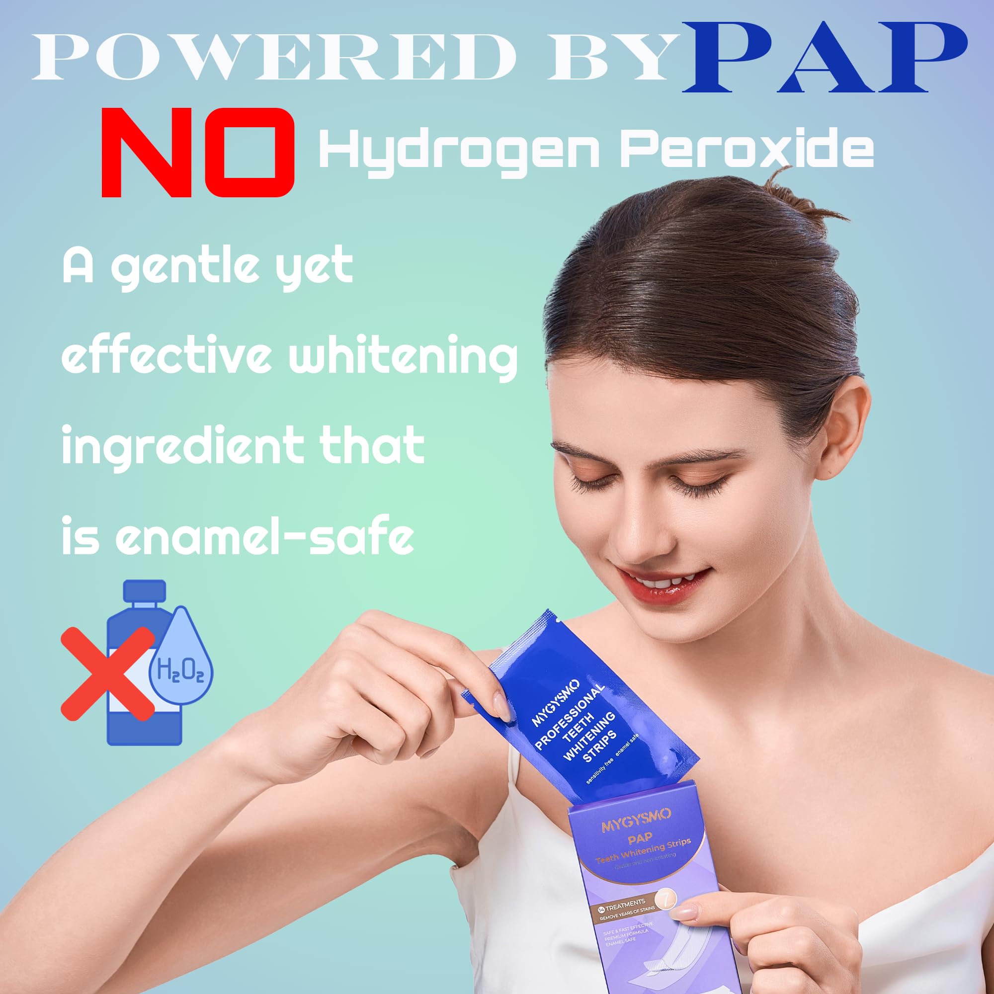 Two PAP whitening strips ready to apply to teeth