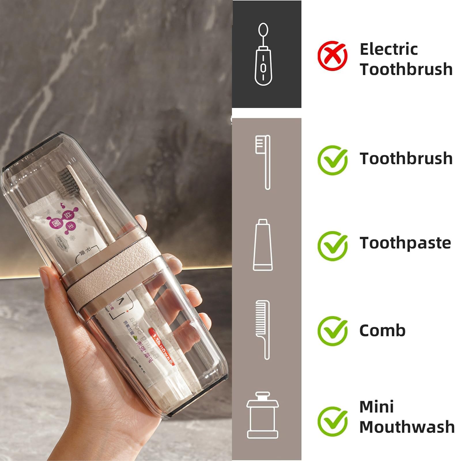 Can hold manual toothbrush, toothpaste, and comb