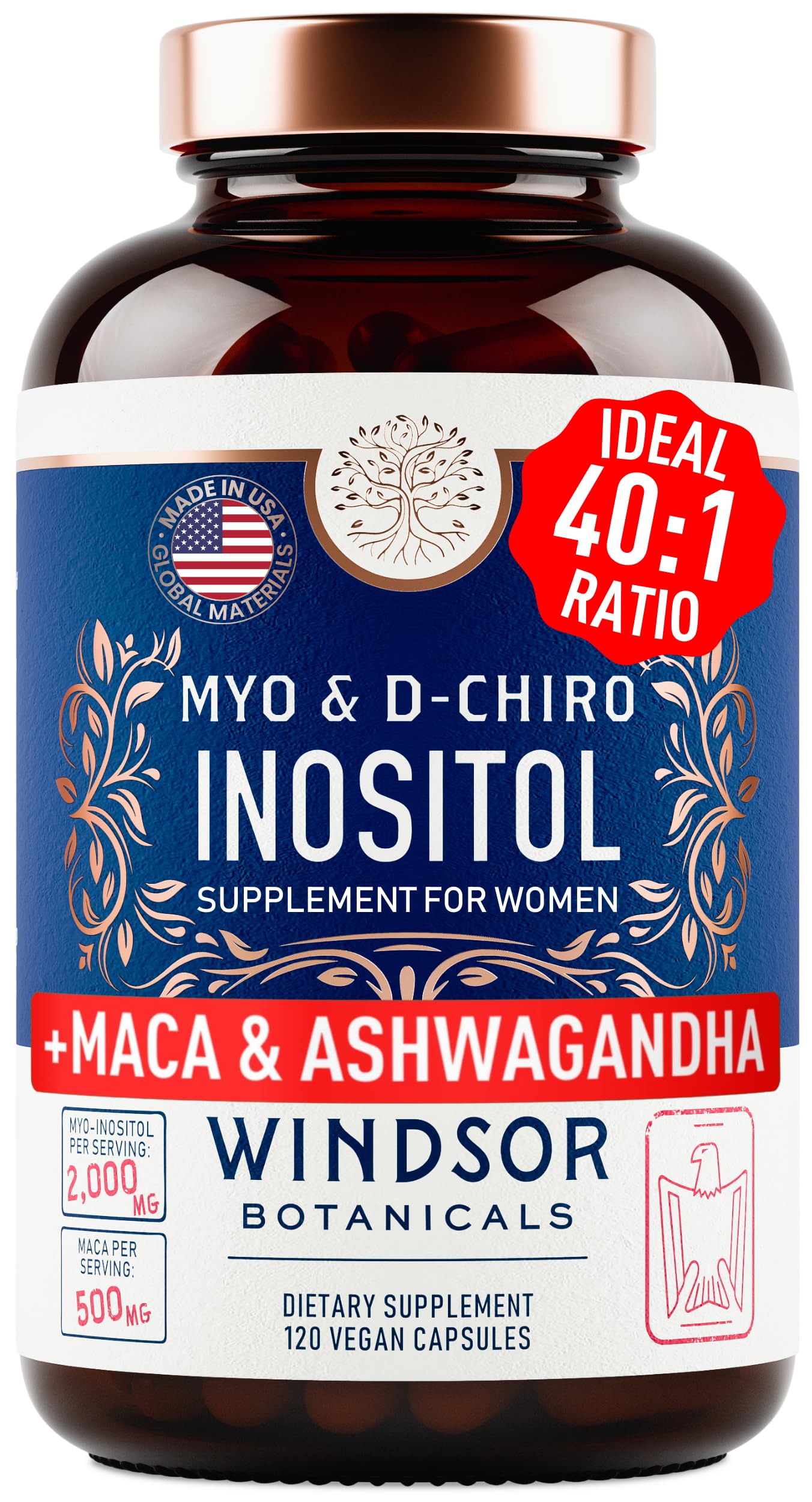Myo-Inositol and D-Chiro Inositol 40:1 ratio supplement bottle