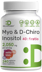 Myo-Inositol & D-Chiro Inositol supplement bottle showing 40:1 ratio