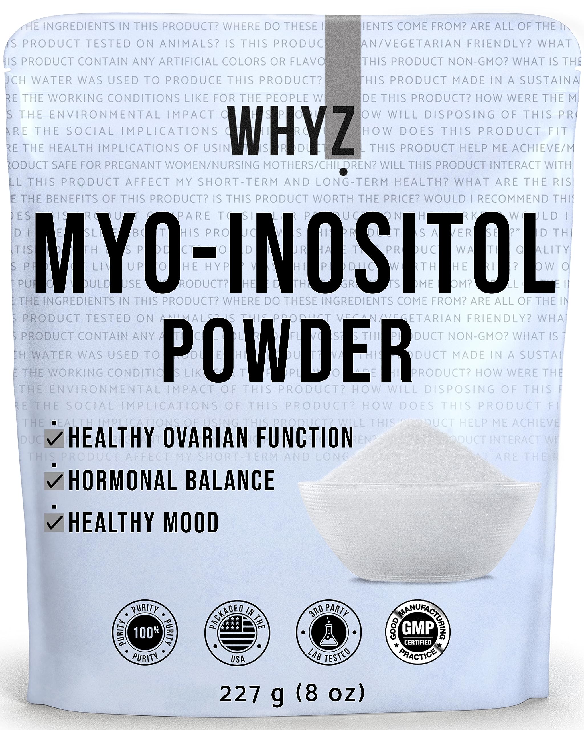 Front view of Myo-Inositol Powder 8oz bottle with label