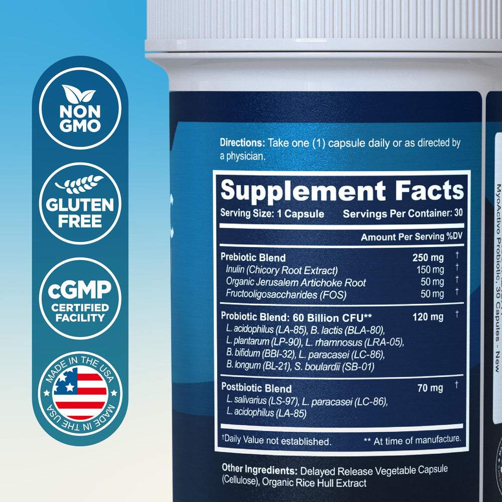 Side view of MyoActivo 60 Billion CFU Probiotic bottle