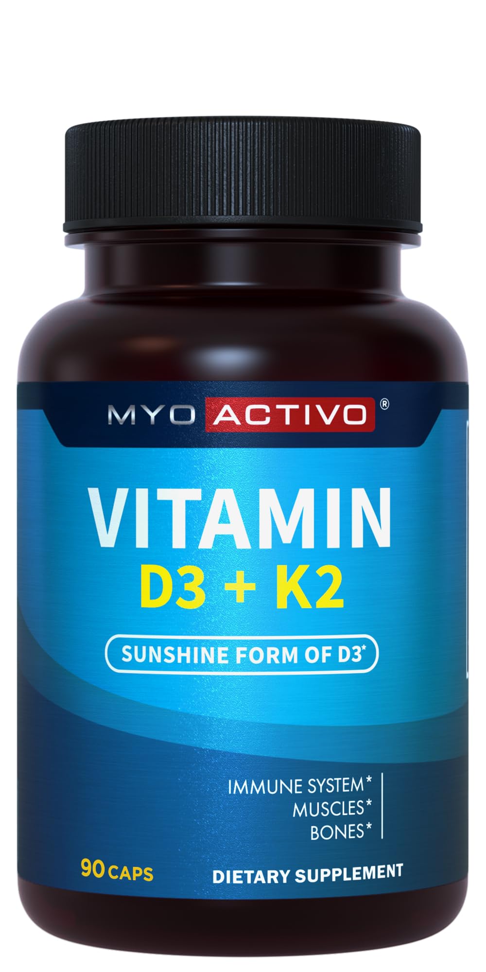 MyoActivo Vitamin D3 K2 vegetarian capsules bottle – front view