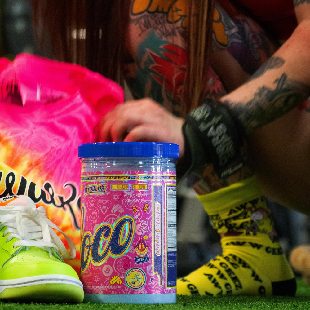 MyoBlox LOCO canister front view signals a compact pre workout for on the go training