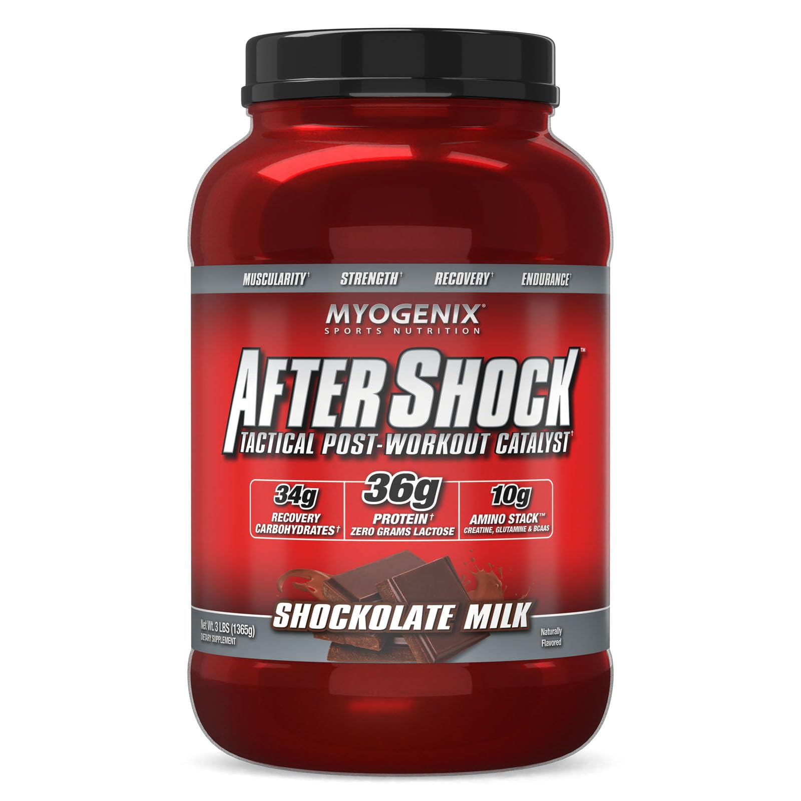 Myogenix Aftershock bottle front showing post-workout recovery potential
