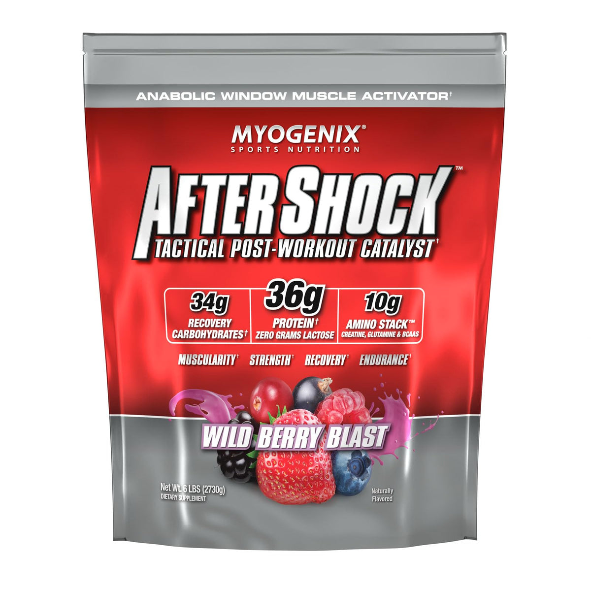 Myogenix Aftershock Wildberry Blast bottle ready for post-workout recovery