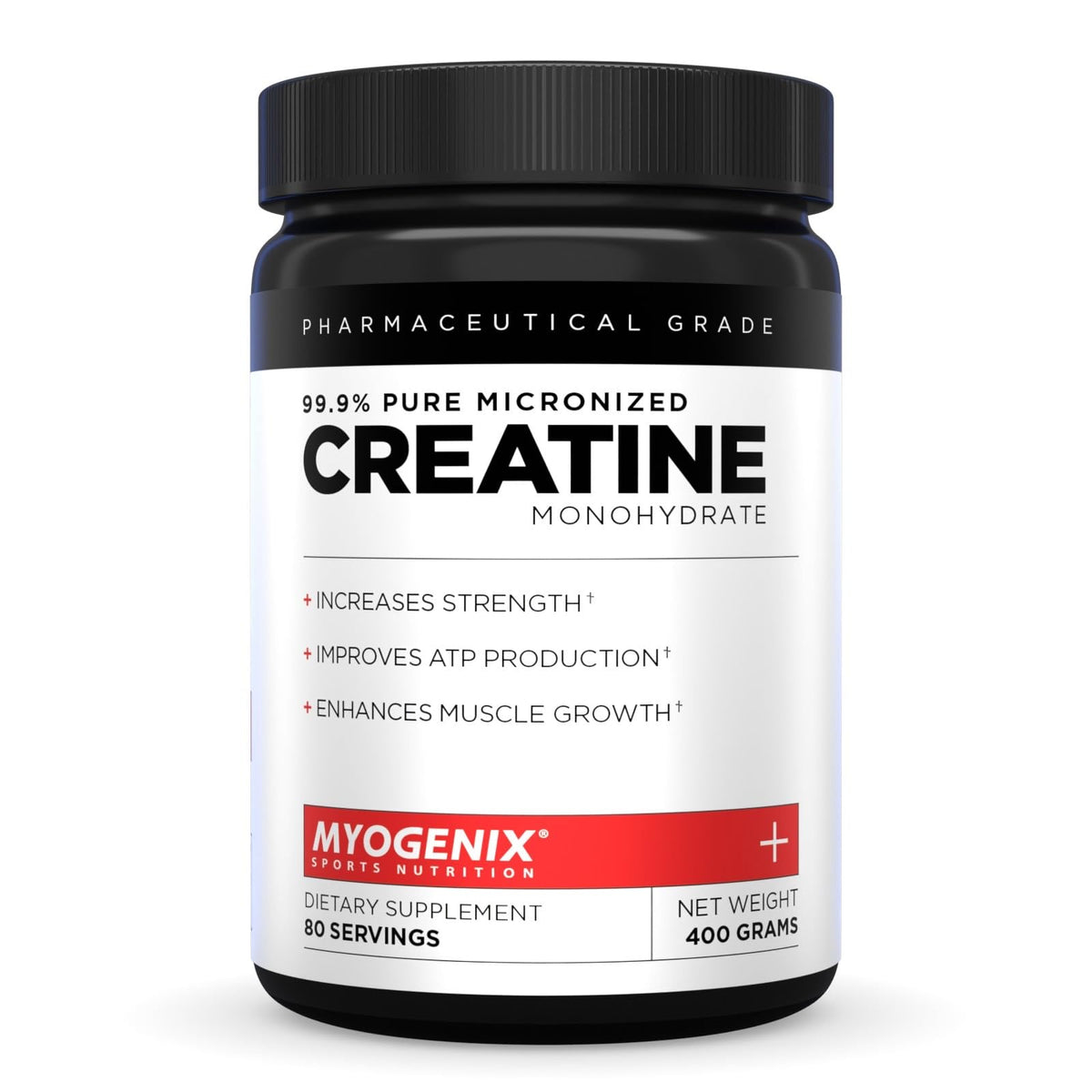 Myogenix Creatine Monohydrate bottle with scoop showing 80 servings