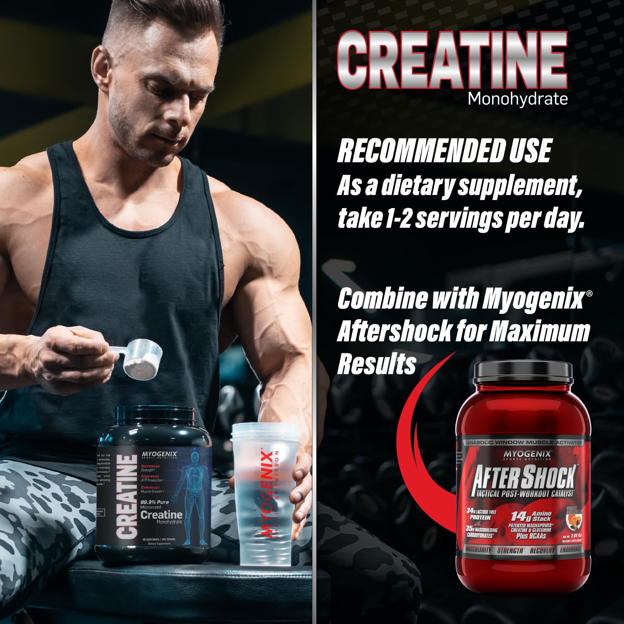 Made in the USA badge on Myogenix Creatine Monohydrate packaging