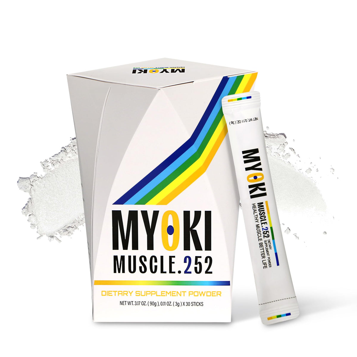 MYOKI Muscle Support Powder product image featuring 30 unflavored stick packs