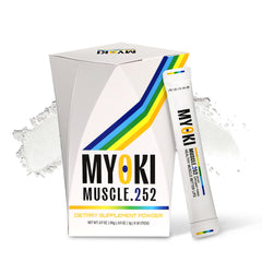 MYOKI Muscle Support Powder product image featuring 30 unflavored stick packs