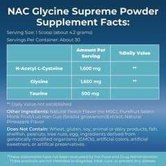 Back label detailing supplement facts for NAC Glycine Supreme.