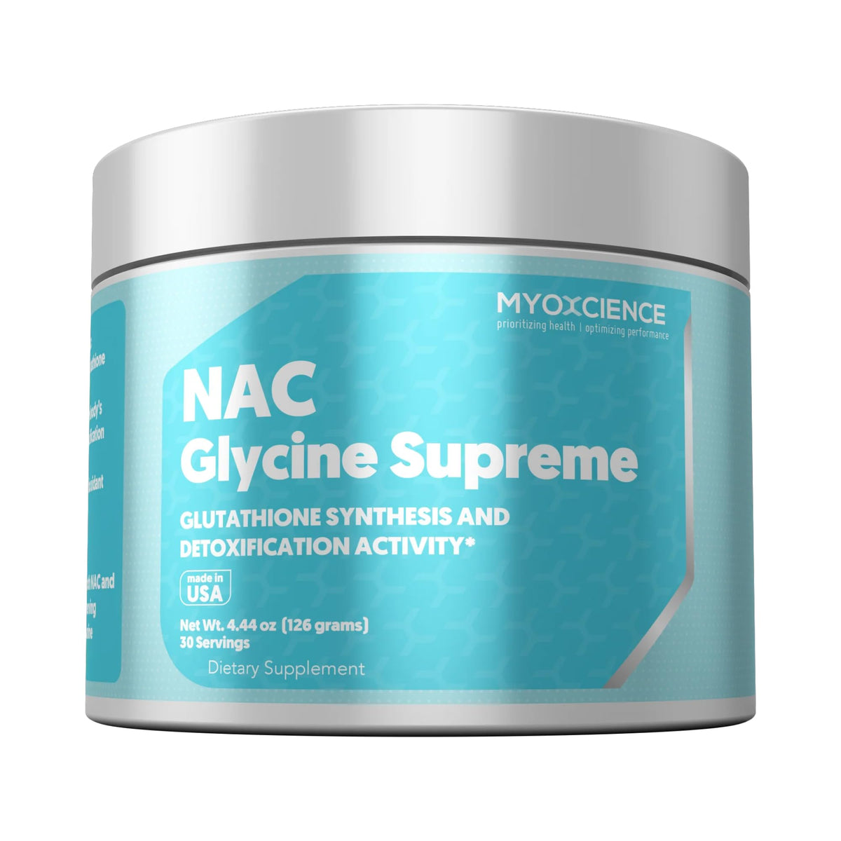 Front label of MYOXCIENCE NAC Glycine Supreme bottle in Peach Pineapple flavor.