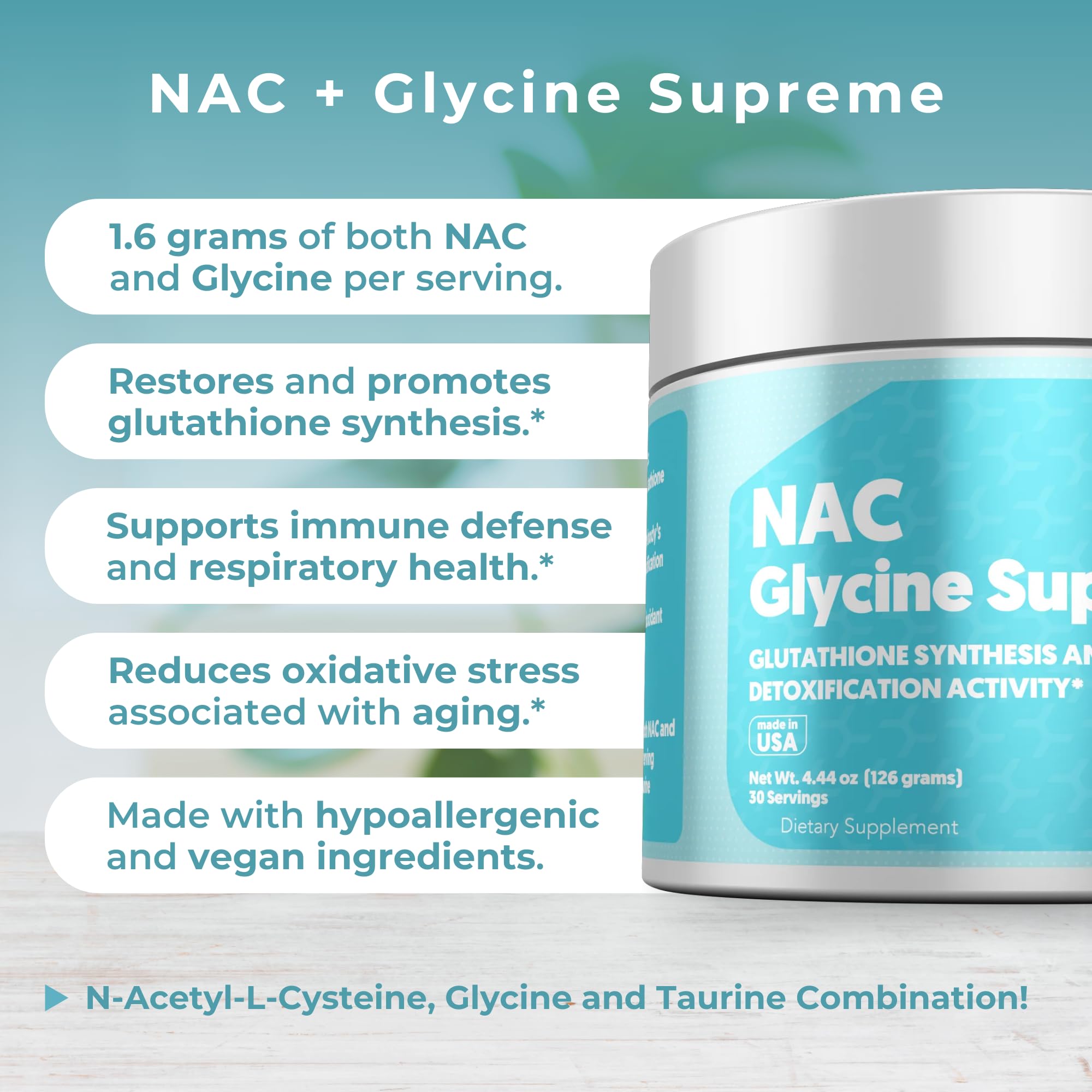 Ingredients list for NAC Glycine Supreme powder formula.